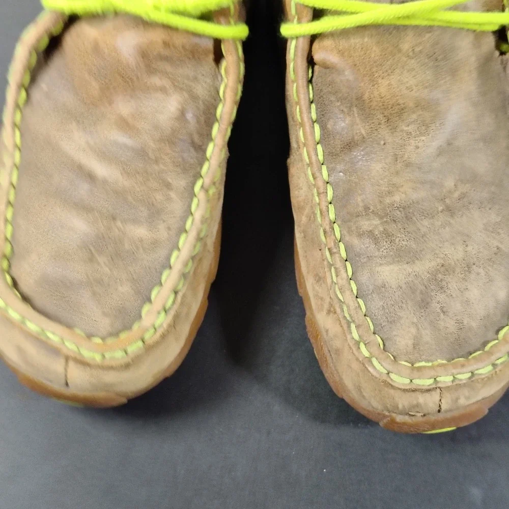 Twisted X Driving Moc Boys 4M Brown Leather Neon Green Accents YDM0001 Shoes